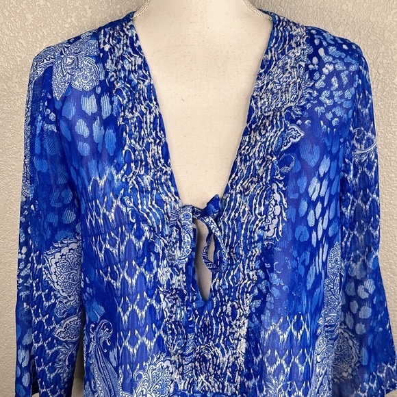 Raviya Blue & White Boho Floral Beaded Flowy Beach Swimsuit Cover Up Size Medium - Picture 2 of 8